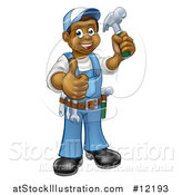 Vector Illustration of a Full Length Happy Black Male Carpenter Holding a Hammer and Giving a Thumb up by AtStockIllustration