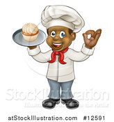 Vector Illustration of a Full Length Happy Black Male Chef Baker Gesturing Ok and Holding a Cupcake on a Tray by AtStockIllustration