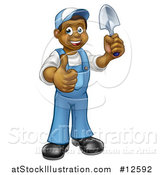 Vector Illustration of a Full Length Happy Black Male Gardener in Blue, Holding a Garden Trowel and Giving a Thumb up by AtStockIllustration
