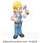 Vector Illustration of a Full Length Happy White Female Carpenter Worker Holding up a Hammer and Giving a Thumb up by AtStockIllustration