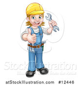 Vector Illustration of a Full Length Happy White Female Mechanic Wearing a Hard Hat, Holding up a Wrench and Giving a Thumb up by AtStockIllustration