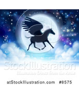 Vector Illustration of a Full Moon and Silhouetted Flying Pegasus by AtStockIllustration