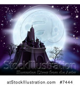 Vector Illustration of a Full Moon Behind a Halloween Haunted Castle with Bare Trees and Purple Tones by AtStockIllustration