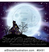 Vector Illustration of a Full Moon Behind a Haunted House and Bare Trees on a Hill by AtStockIllustration