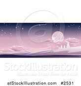 Vector Illustration of a Full Moon in a Purple Sky over a Winter Hilly Landscape by AtStockIllustration