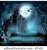 Vector Illustration of a Full Moon over a Haunted Castle and Cemetery with Dead Trees in Blue Tones by AtStockIllustration