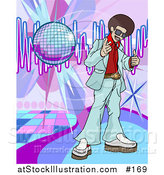 Vector Illustration of a Funkster Man with an Afro Standing on a Dance Floor Under a Disco Ball in a Club by AtStockIllustration