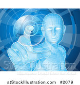 Vector Illustration of a Futuristic Blue Person Pushing a Globe Button by AtStockIllustration