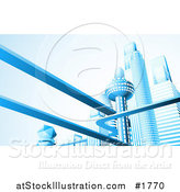 Vector Illustration of a Futuristic City Skyline with Skyscrapers and Floating Roads in Blue Tones by AtStockIllustration