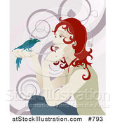 Vector Illustration of a Gentle Redhead Woman Holding a Bird in Her Hand by AtStockIllustration