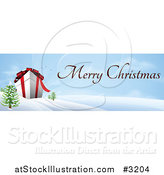 Vector Illustration of a Giant 3d Gift Box in a Winter Landscape with Merry Christmas Text by AtStockIllustration