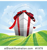 Vector Illustration of a Gigantic Gift Box Towering over Green Fields by AtStockIllustration