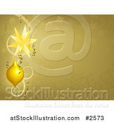 Vector Illustration of a Gold Swirl and Snowflake Christmas Background with Baubles by AtStockIllustration