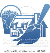 Vector Illustration of a Gradient Blue House with a Cleaning Bucket and Mop or Duster by AtStockIllustration