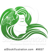 Vector Illustration of a Gradient Green Beatiful Woman's Face in Profile, with Long Hair and a Butterfly by AtStockIllustration