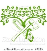 Vector Illustration of a Gradient Green Crossed Chainsaw and Axe and a Tree by AtStockIllustration