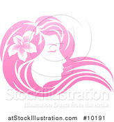 Vector Illustration of a Gradient Pink Beatiful Woman's Face in Profile, with Long Hair and a Flower by AtStockIllustration