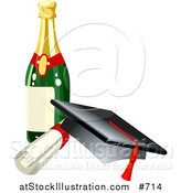 Vector Illustration of a Graduation Cap, Red Tassel, Diploma and Wine Bottle by AtStockIllustration