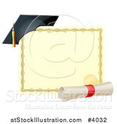 Vector Illustration of a Graduation Cap Resting on a Certificate with a Diploma Scroll by AtStockIllustration