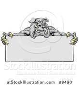 Vector Illustration of a Gray Aggressive Bulldog Monster Mascot Holding a Blank Sign by AtStockIllustration