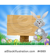 Vector Illustration of a Gray Bunny by a Posted Wood Sign with a Basket, Grass and Easter Eggs by AtStockIllustration