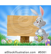 Vector Illustration of a Gray Bunny by a Wood Sign with a Basket, Grass and Easter Eggs by AtStockIllustration