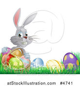 Vector Illustration of a Gray Bunny Holding Basket by Easter Eggs by AtStockIllustration