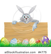 Vector Illustration of a Gray Bunny over a Wood Sign and Easter Eggs by AtStockIllustration