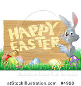 Vector Illustration of a Gray Bunny Pointing to a Happy Easter Sign, with Easter Eggs in Grass by AtStockIllustration