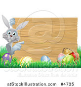 Vector Illustration of a Gray Bunny Rabbit and Easter Eggs by a Wood Sign by AtStockIllustration
