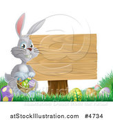 Vector Illustration of a Gray Bunny Rabbit with a Basket of Easter Eggs by a Wood Sign by AtStockIllustration