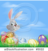 Vector Illustration of a Gray Bunny Rabbit with Easter Eggs and a Basket Against Sky by AtStockIllustration