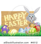 Vector Illustration of a Gray Bunny with a Basket and Eggs in Grass, by a Happy Easter Sign by AtStockIllustration