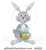 Vector Illustration of a Gray Bunny with Easter Eggs and a Basket by AtStockIllustration