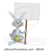 Vector Illustration of a Gray Easter Bunny Holding a Sign and Basket by AtStockIllustration