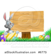 Vector Illustration of a Gray Easter Bunny Rabbit with Eggs, Sitting in a Shell by a Blank Wood Sign by AtStockIllustration