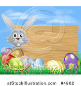 Vector Illustration of a Gray Rabbit with a Basket and Easter Eggs by a Wooden Sign Under a Blue Sky by AtStockIllustration