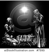 Vector Illustration of a Grayscale 3d Mary and Joseph Praying over Baby Jesus and the Star of Bethlehem 2 by AtStockIllustration