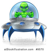 Vector Illustration of a Green Alien Flying a Ufo by AtStockIllustration