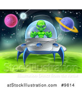 Vector Illustration of a Green Alien Landing a Ufo on a Green Planet or Moon by AtStockIllustration