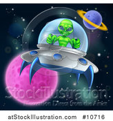 Vector Illustration of a Green Alien Steering a Ufo in Outer Space by AtStockIllustration