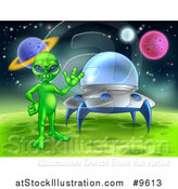 Vector Illustration of a Green Alien Waving by a Ufo on a Green Planet or Moon by AtStockIllustration