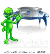 Vector Illustration of a Green Alien Waving or Presenting by a UFO by AtStockIllustration