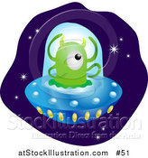 Vector Illustration of a Green Alien with Horns and Four Arms Flying a UFO in Space by AtStockIllustration