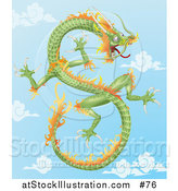 Vector Illustration of a Green and Orange Chinese Dragon Flying in the Sky by AtStockIllustration