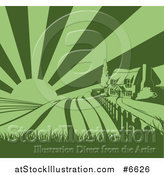 Vector Illustration of a Green Cottage Farmhouse Atop a Hill with Fields at Sunrise by AtStockIllustration