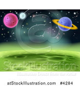 Vector Illustration of a Green Cratered Foreign Planet Landscape with Other Planets and Stars by AtStockIllustration