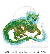 Vector Illustration of a Green Dragon with Icy Blue Feathers by AtStockIllustration