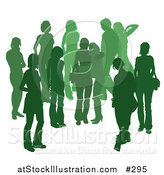 Vector Illustration of a Green Group of Silhouetted People Hanging out in a Crowd, Two Friends Embracing in the Middle by AtStockIllustration