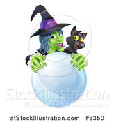 Vector Illustration of a Green Halloween Witch and Black Cat Behind a Crystal Ball by AtStockIllustration